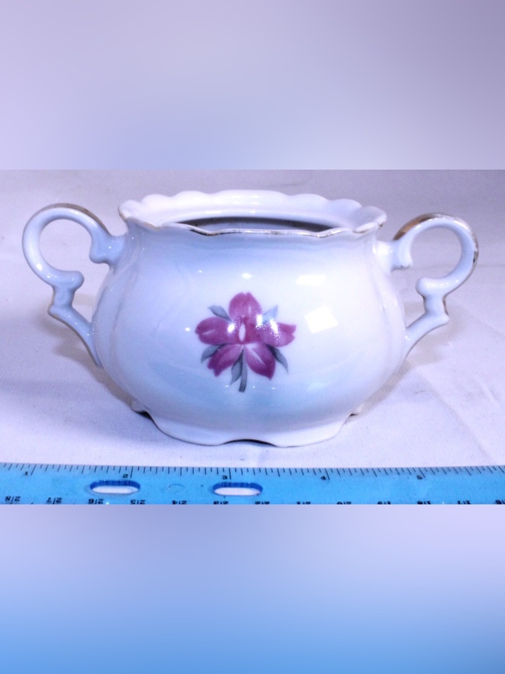 Vintage White Porcelain Double-Handled Bowl with Pink Floral Motif